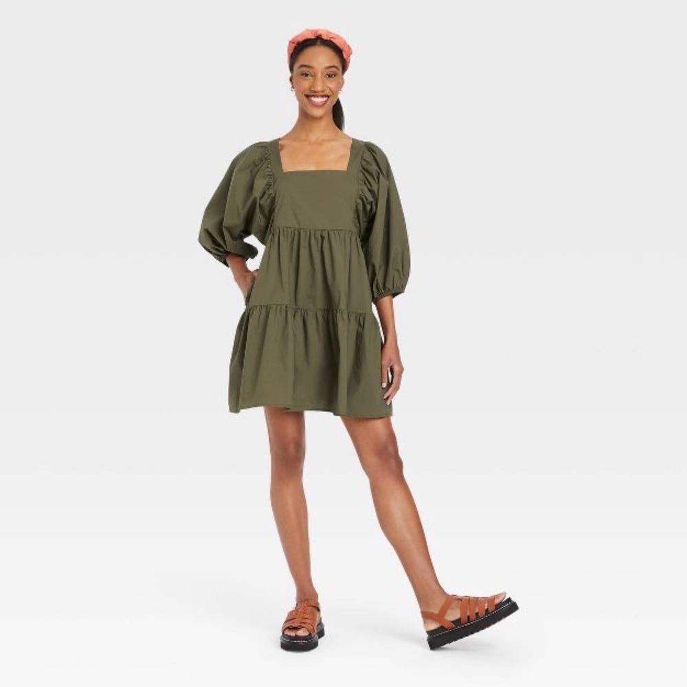 NWT Women's Short Sleeve A-Line Dress -A New Day™. Olive green. M NWT
